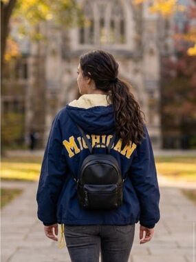Navy and Yellow Michigan Hooded Varsity Jacket